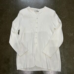 C.M. Shapes Blouse Womens Medium White Embroidered Button Long Sleeve Tunic Top